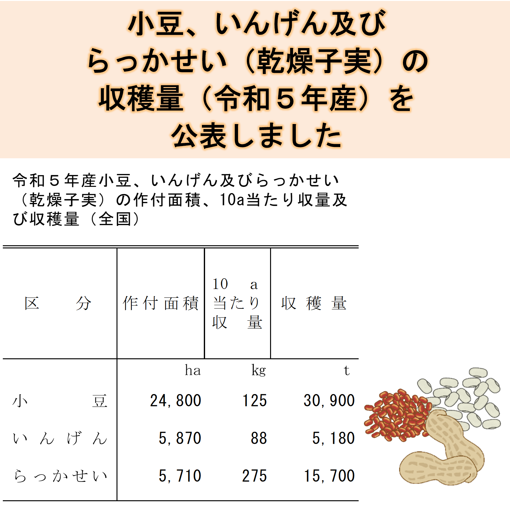 小豆、いんげん及びらっかせい（乾燥子実）の収穫量（令和5年産）を公表しました