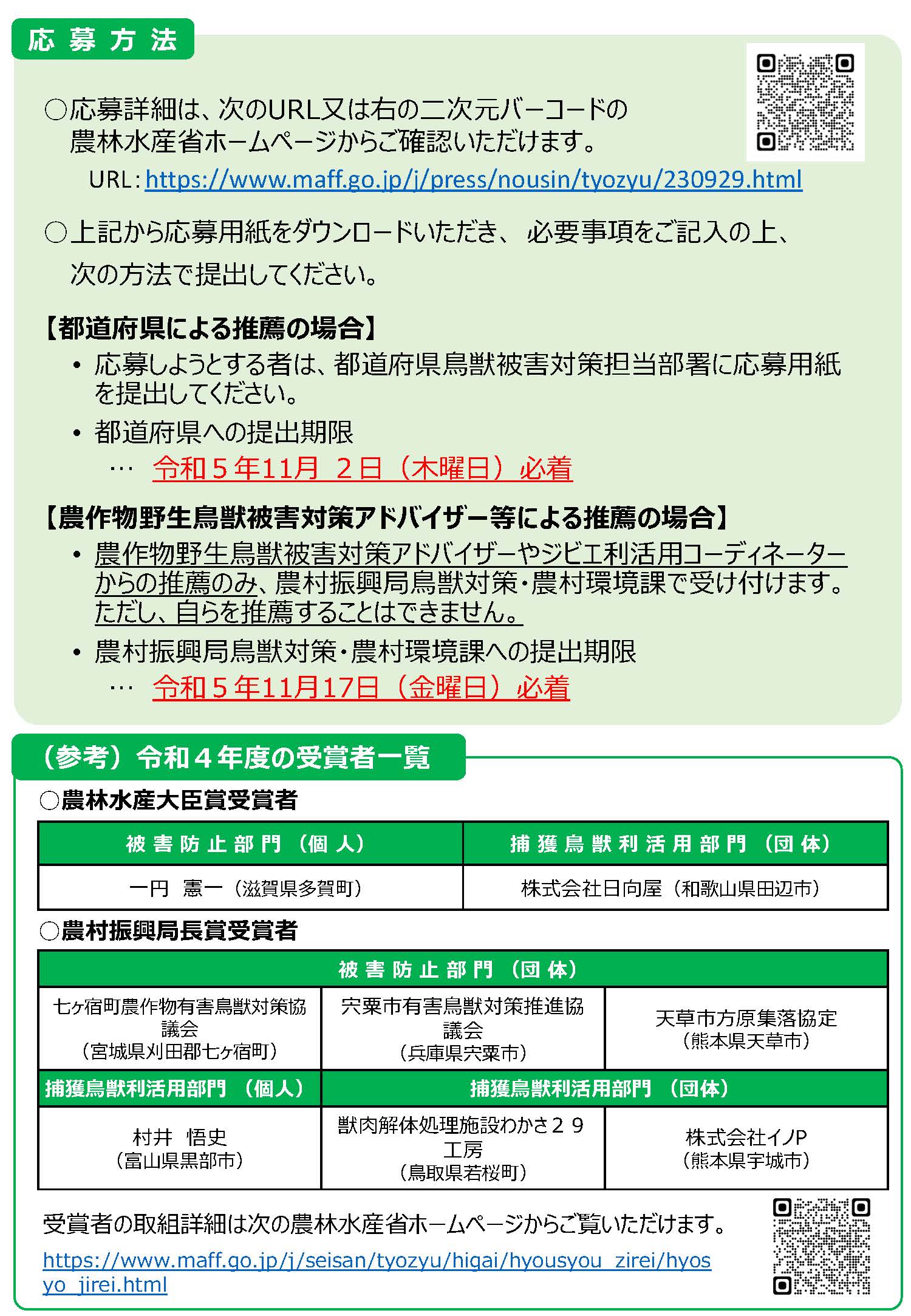 【募集】鳥獣被害防止や捕獲鳥獣の利活用に係る取組を募集します！