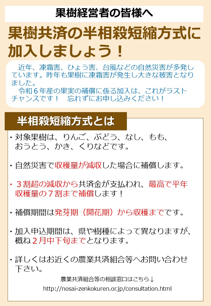 降霜、低温等の被害に備えて果樹共済に加入しましょう！