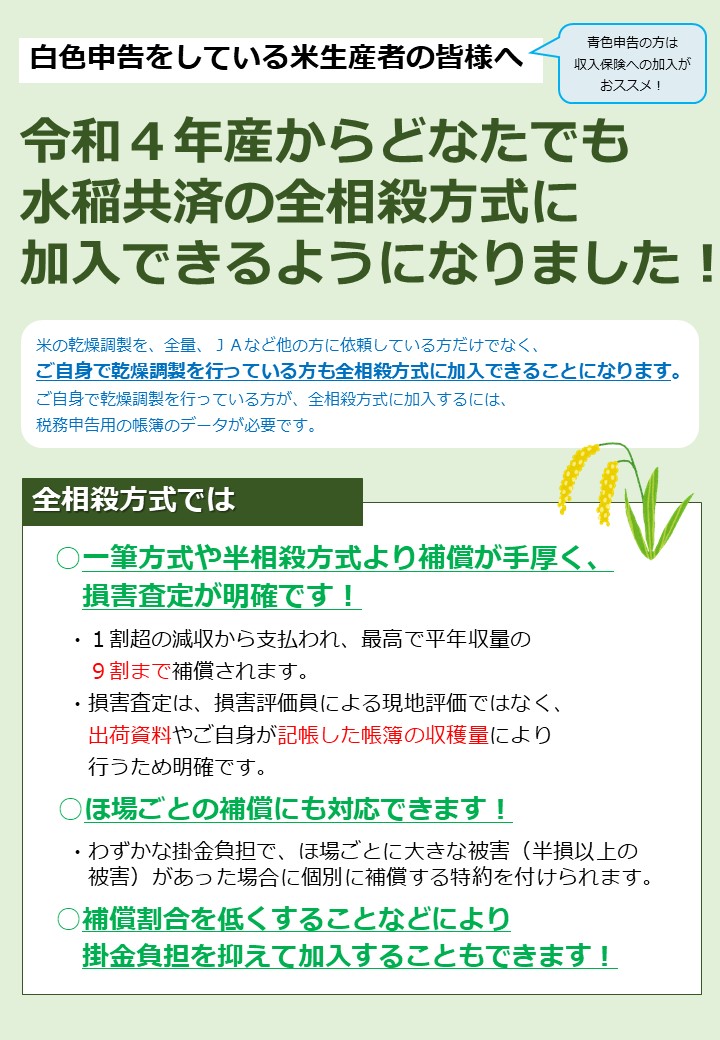 【農業保険】令和４年産水稲共済に加入しましょう！