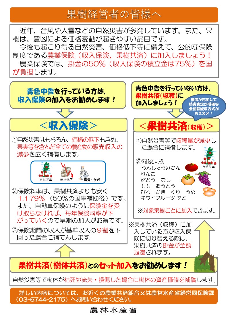 果樹を栽培している農業者の皆様へ　～農業保険（収入保険又は果樹共済）に加入しましょう！