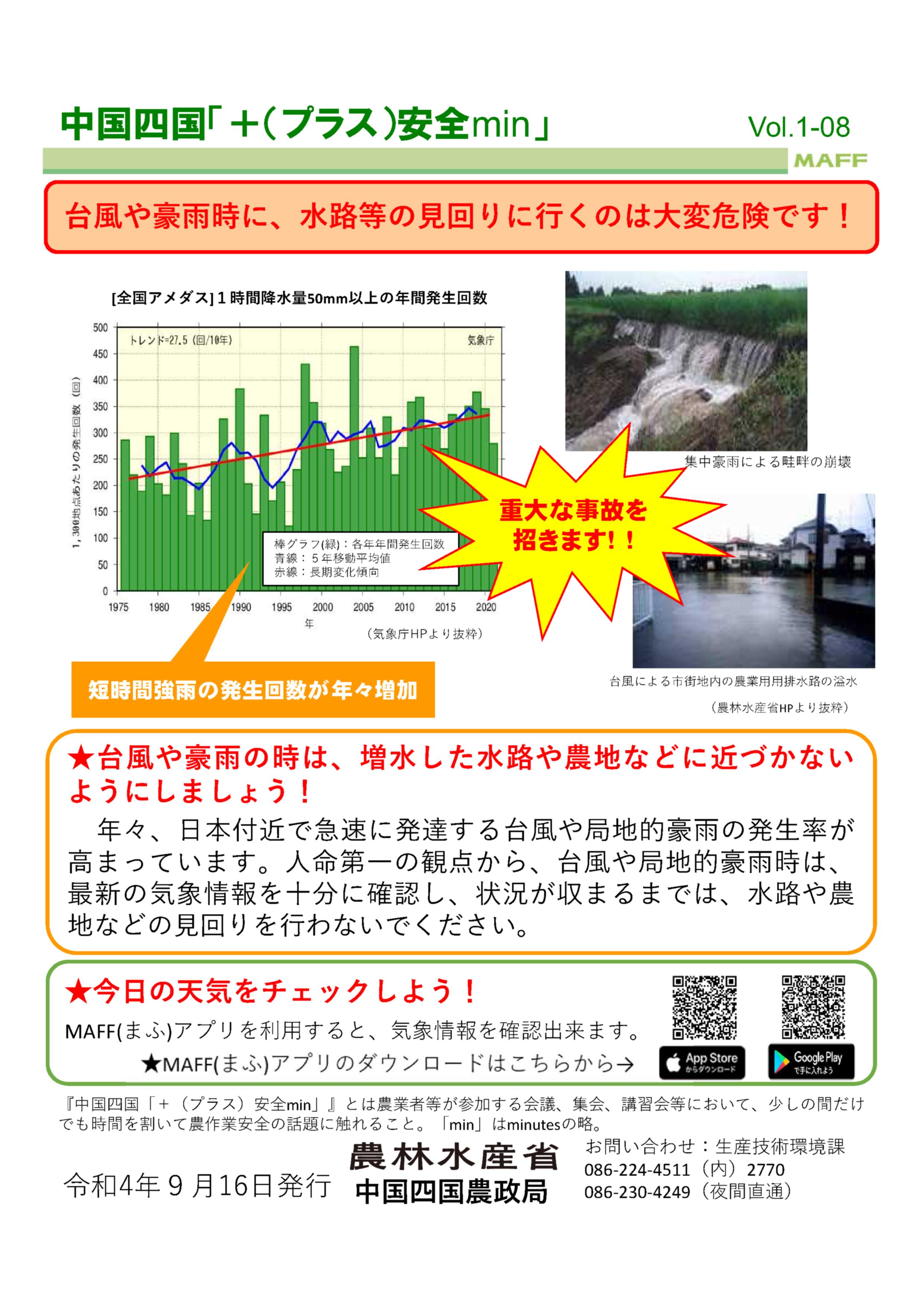 台風や豪雨時には、増水した水路や農地などに近づかないようにしましょう。 （中国四国「＋（プラス）安全min」Vol.1-08より）