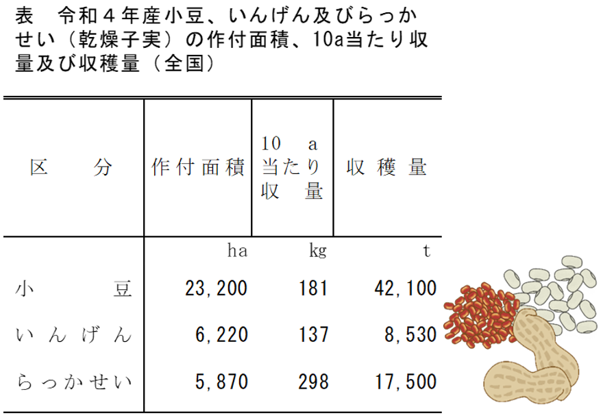 小豆、いんげん及びらっかせい（乾燥子実）の収穫量（令和4年産）を公表しました