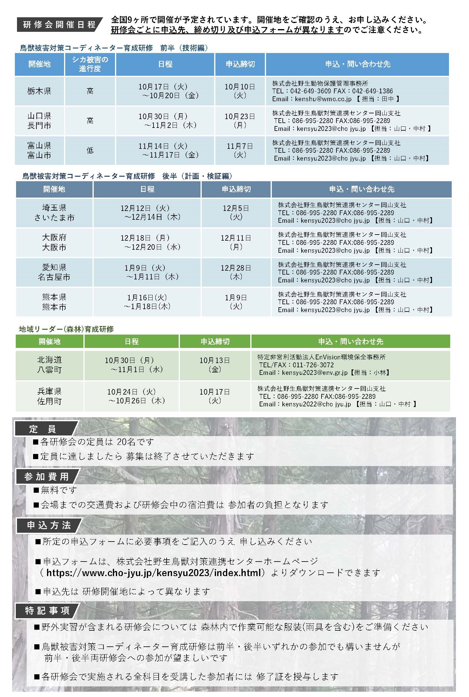 鳥獣被害対策の地域リーダー(森林)とコーディネーターを育成する研修会を開催します