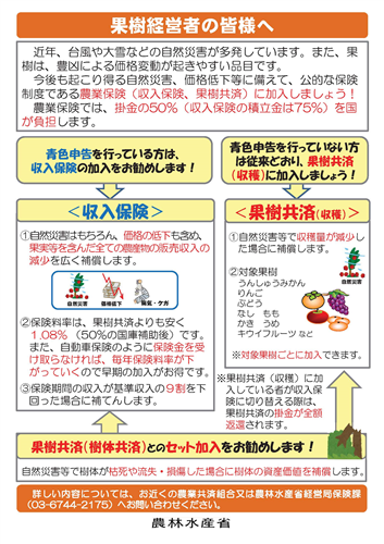 農業保険（収入保険又は果樹共済）に加入しましょう！