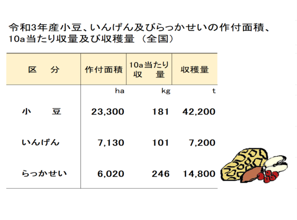 【統計】小豆、いんげん及びらっかせい（乾燥子実）の収穫量（令和3年産）を公表！