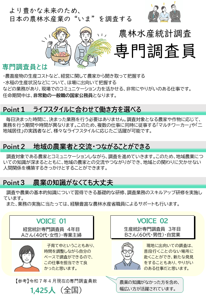【農林水産統計調査「専門調査員」の令和８年度採用を順次募集中！】