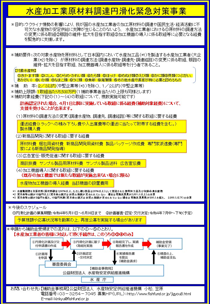 【中小水産加工業者支援】水産加工業原材料調達円滑化緊急対策事業について