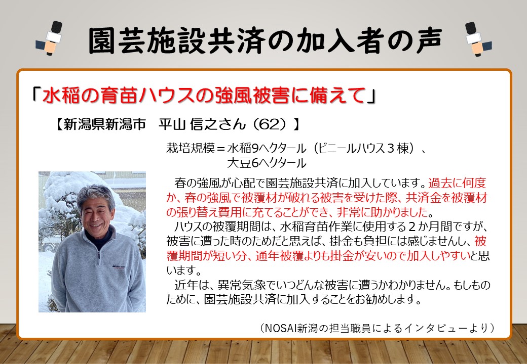 【農業保険】水稲育苗ハウスは大切な資産！園芸施設共済で災害に備えています！（青森県　伊藤さん、新潟県　平山さん）