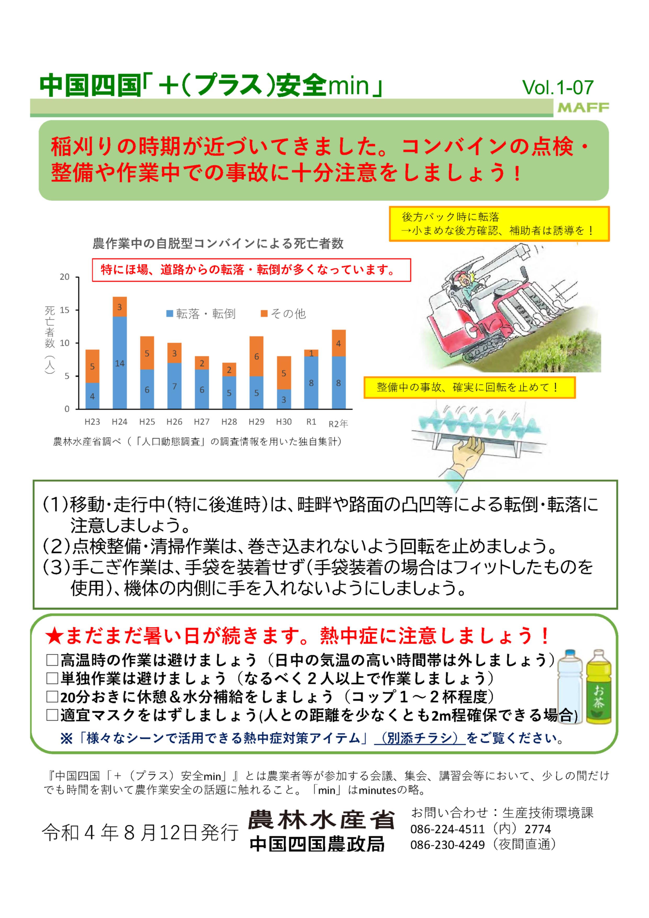 コンバインの点検・整備や作業中での事故に十分注意をしましょう （中国四国「＋（プラス）安全min」Vol.1-07より）