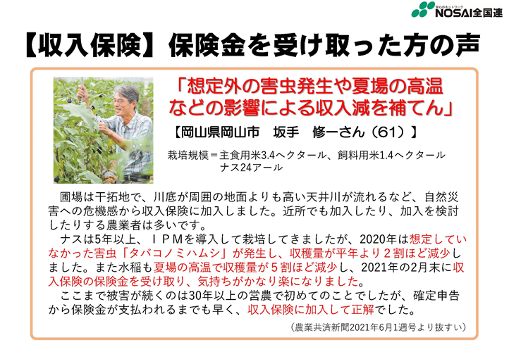 【農業保険】収入保険に加入して良かった！～保険金を受け取った方の声をご紹介～（岡山県 坂手さん）