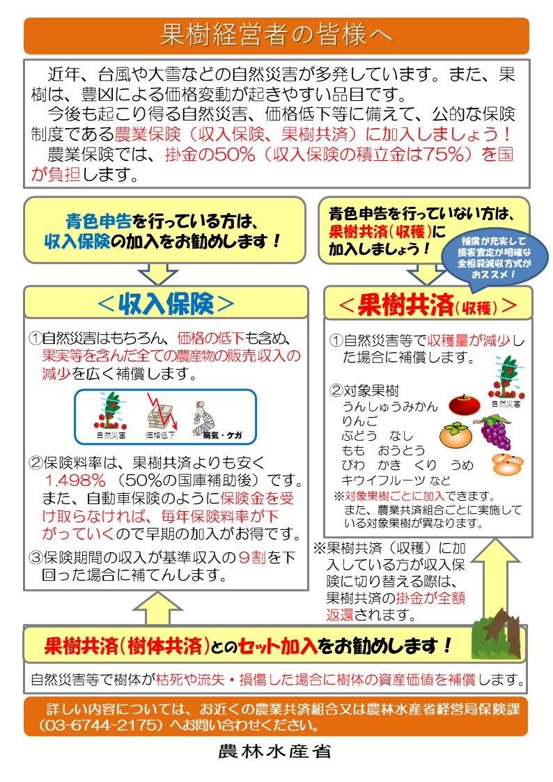 果樹を栽培している農業者の皆様へ~農業保険(収入保険又は果樹共済)に加入しましょう!