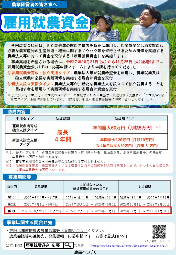 【雇用就農資金の募集】50歳未満の就農希望者の新規雇用を応援します！