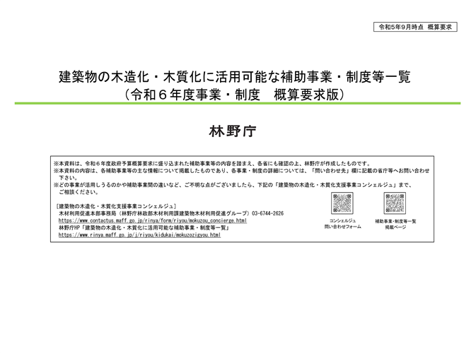 「建築物の木造化・木質化に活用可能な補助事業・制度一覧」の令和6年度予算概算要求版を公開しました