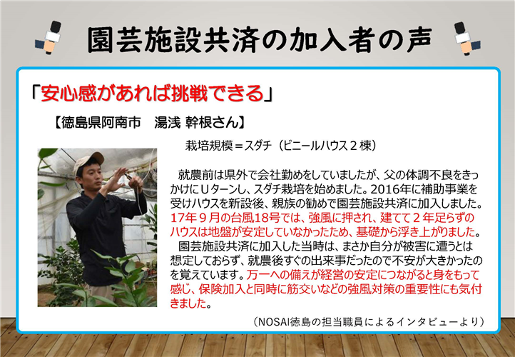 安心感があれば挑戦できる。園芸施設共済加入者の声をお聞きください。（徳島県　湯浅さん、佐賀県　村口さん）