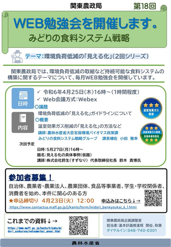 関東農政局みどりの食料システム戦略勉強会（第18回）を開催します