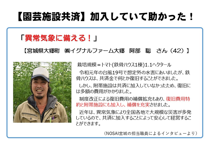 新たな園芸施設共済に加入しました！（宮城県大郷町 ㈱イグナルファーム大郷 阿部聡さん）