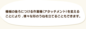 機械の後ろにつける作業機（アタッチメント）を変えることにより、様々な形のうねを立てることもできます。